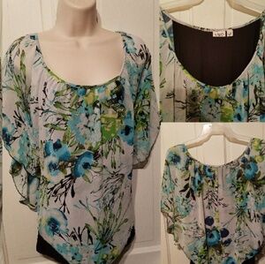 ⭐A) Cato Women’s Floral Blouse XL – Green Blue Abstract Print Flowy Top